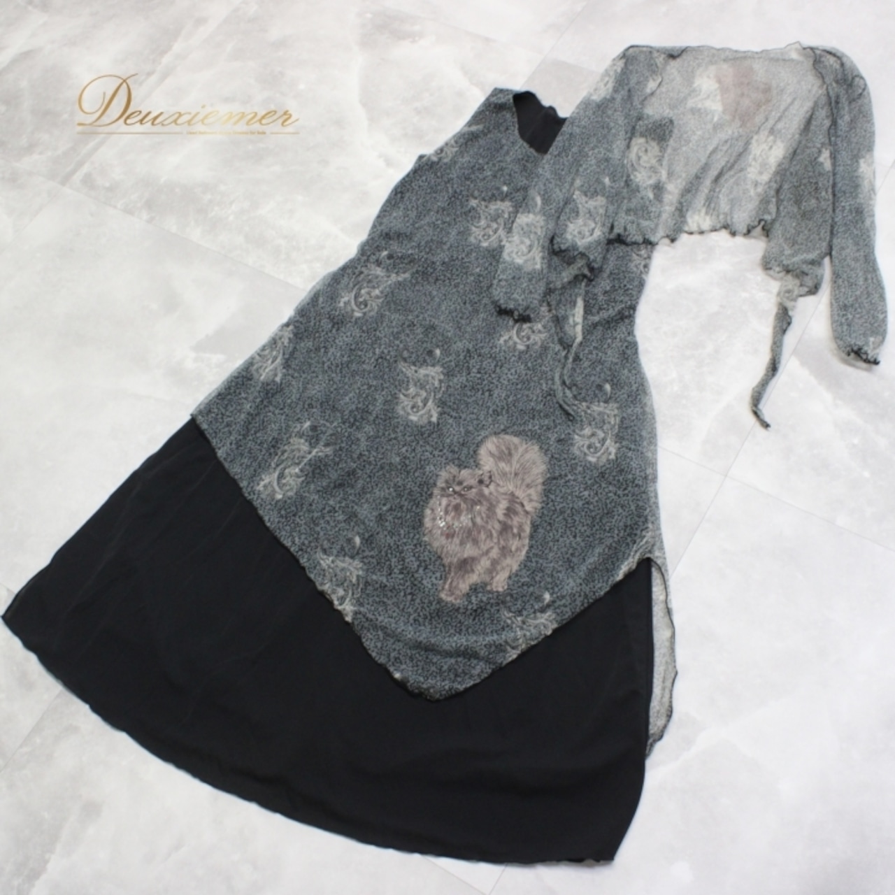 社交ダンス 衣装 スタンダード ドレス ワンピース レッスンウェア パーティドレス atelier eiko アトリエエイコ ブラック系 グレイ系 黒 ラインストーン 猫柄 おしゃれ エレガント フォーマル パーティー用 ステージ衣装 ダンスウェア ファッション フィット感 通気性 チュニック オーバーサイズ シースルー デザイン感 上品 レディース ストレッチ性 柔らかい 洗濯可