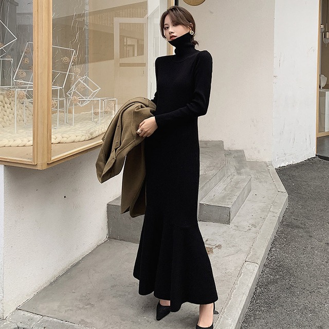 マーメイドライン タートルネック ニットワンピース ブラック OP00182