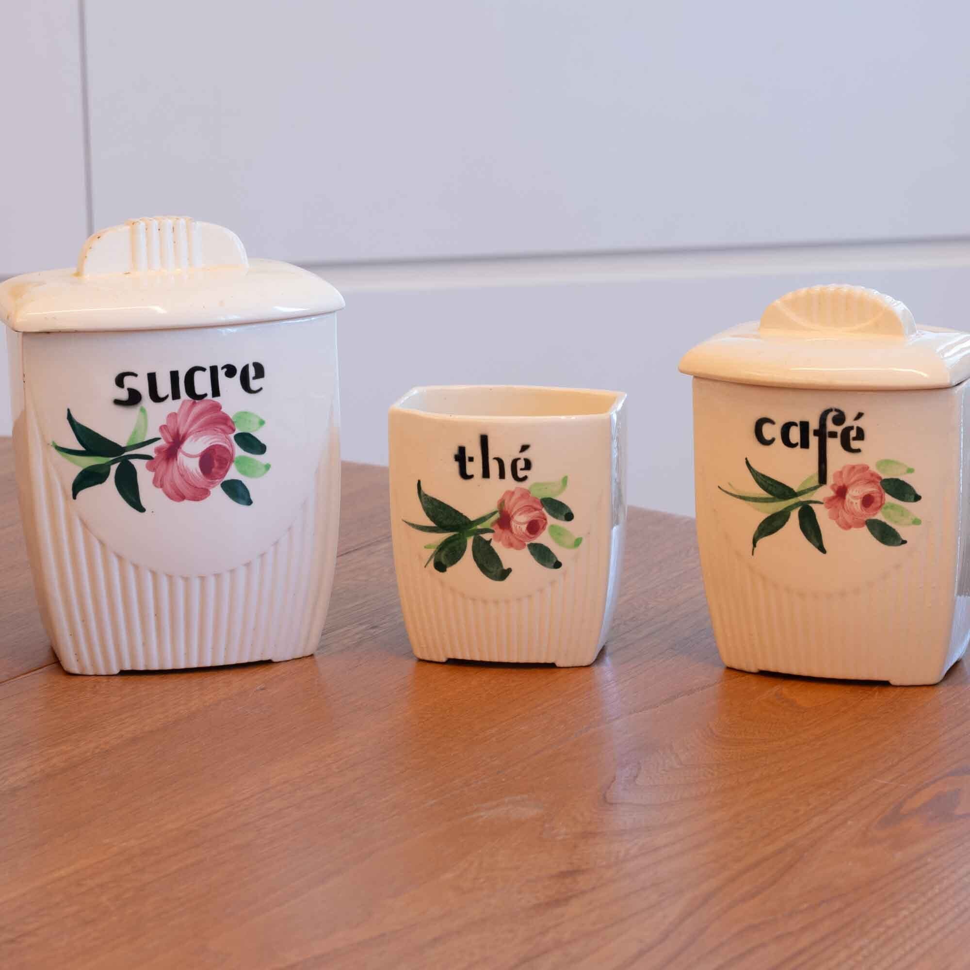 フランス アンティーク 陶器キャニスター Sucre (砂糖) Café (コーヒー) Thé(お茶)ふたなし Badonvillerパドンヴィレー社製