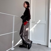 ライン入り配色ハイネック指穴knit/ブラウン