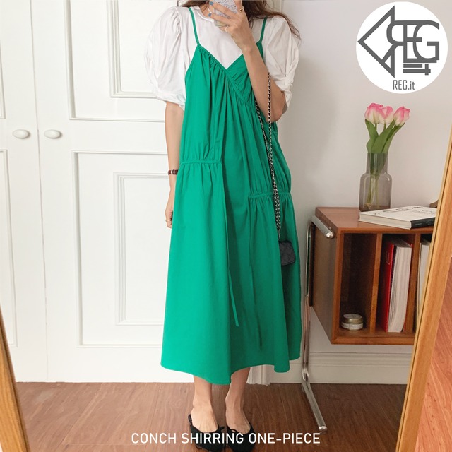 【REGIT】CONCH SHIRRING ONE-PIECE-GREEN S/S 韓国ファッション ワンピース ノースリーブ ロング丈 フェミニン 大人かわいい 個性的 10代 20代 30代 プチプラ 着回し 着映え ネット通販 TAC021