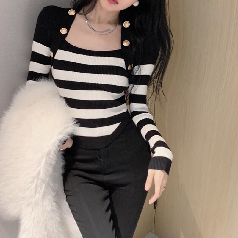 スタンダードカラーストライプセーター オータムウィンター長袖スリーブ ロング レトロ 秋物 冬物 スクウェア ガールズファッション31266485589