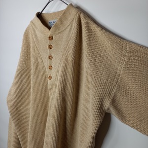 90s　アメリカ製　ヘンリーネック　コットンニット　セーター　長袖　中厚手　ミドルゲージ　無地　ベージュ　L