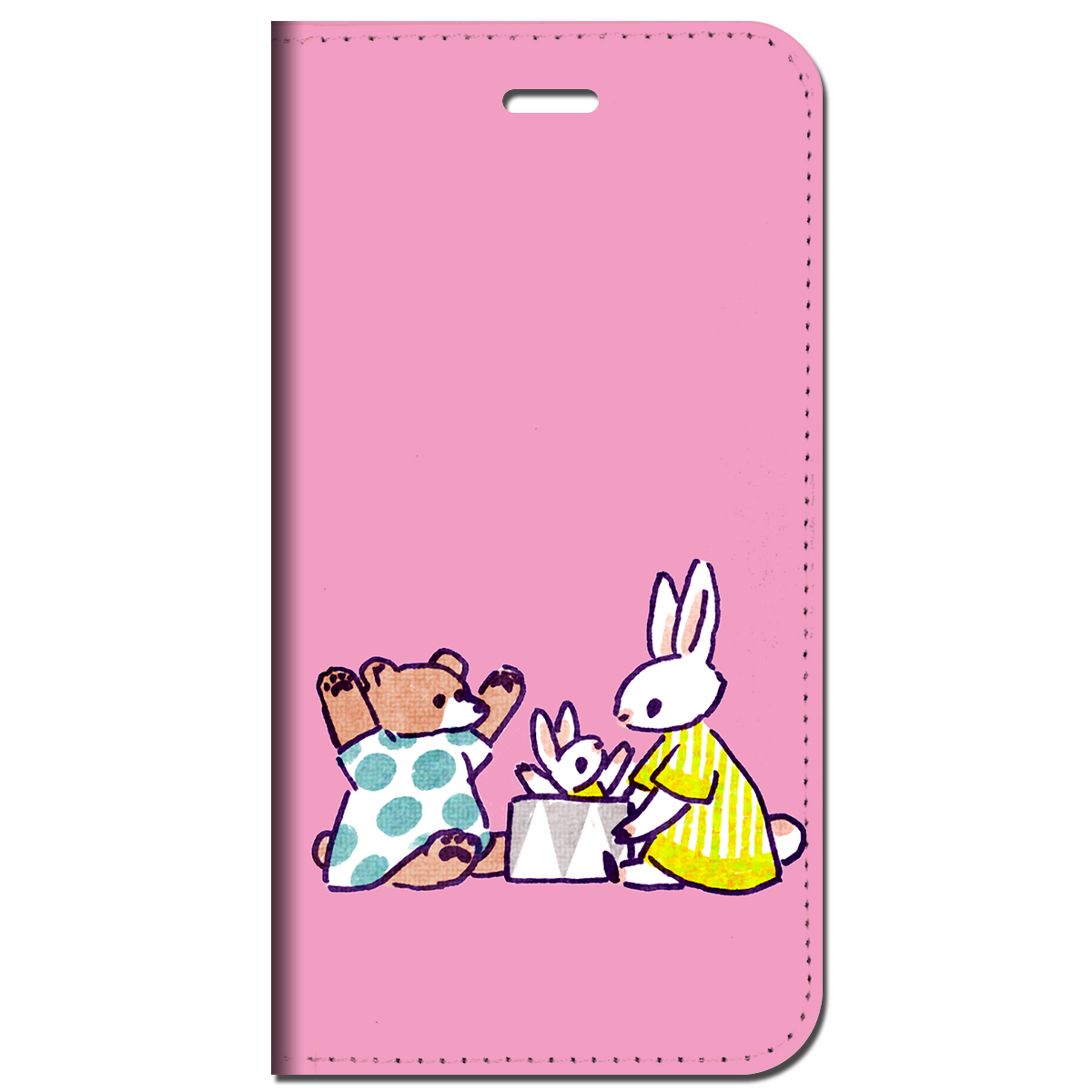 iPhone対応 スマホ 手帳型ケース うさぎ くま 仲良し ピンク イラスト キュート 動物 【iPhone17 / iPhone16 / iPhone16e / iPhoneSE 他 iPhone各機種対応】 st63