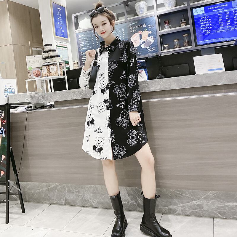 大きいサイズの脂肪mmの陰謀の薄い漫画のシャツのスカート秋の服の年齢の減少カラーマッチングドレスシャツと脂肪の増加 ミックスインファッション69099496037