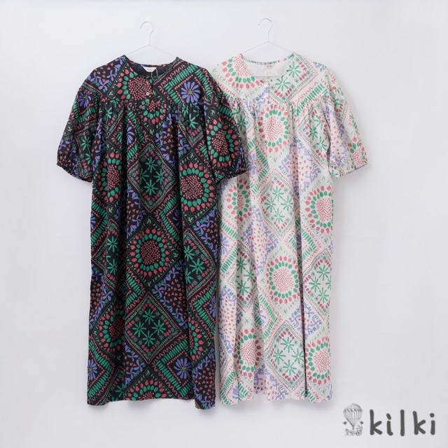 KILKI キルキー ワンピース レディース 春 夏 半袖 ロング スクエアベジタブル テキスタイル 野菜 柄 イラスト 手描き 綿100 コットン100% coco made ゆったり かわいい カジュアル おしゃれ 6S-D33 Kl036