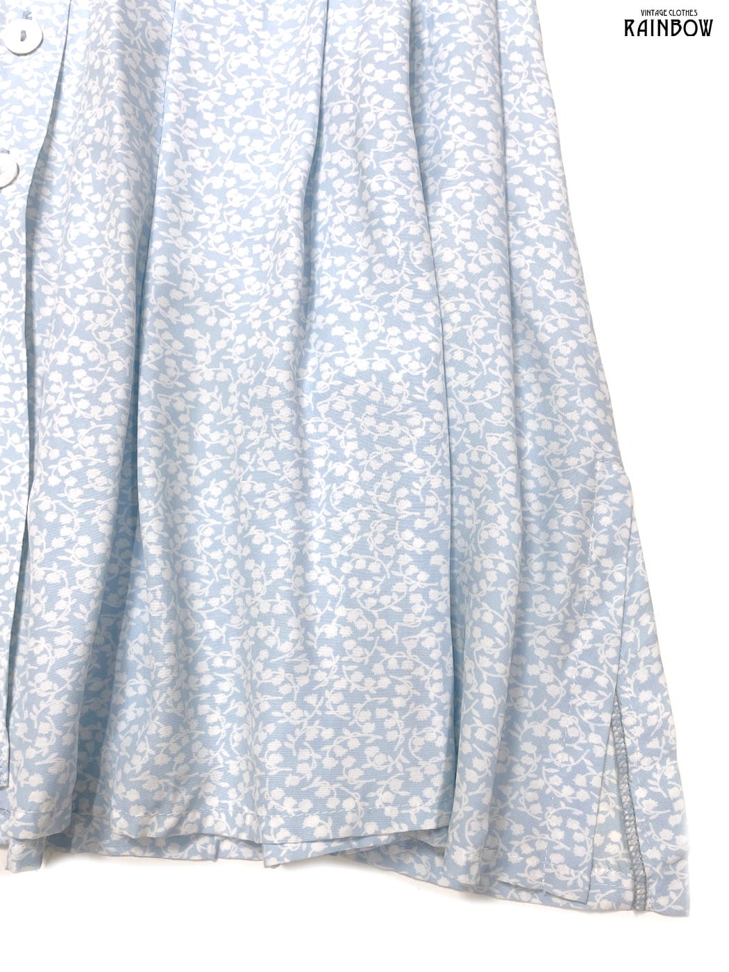 古着 リボン 前開き 花柄 ロング丈 半袖 ワンピース 白 水色