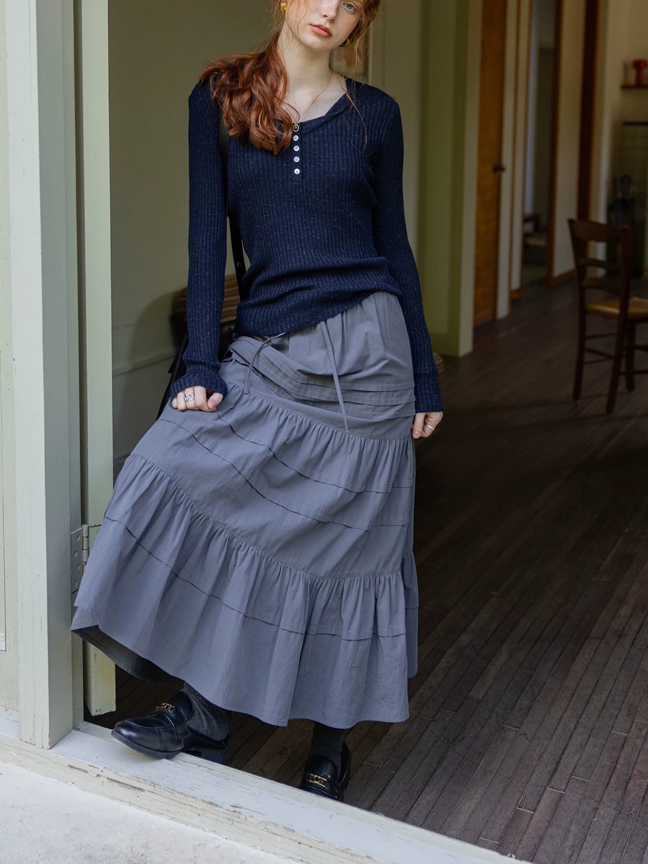 Délavé Gris Cotton Tiered Skirt F0820