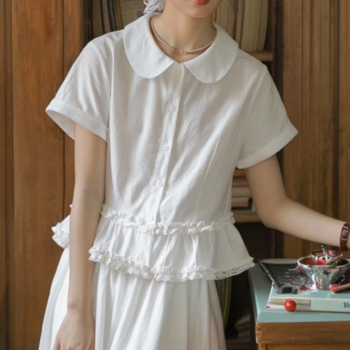 丸襟シャーリングフリルブラウス ・7707