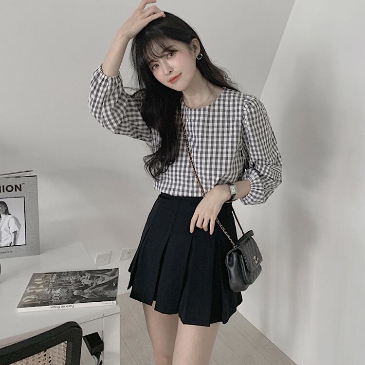 優し気ふんわり チェック ギンガムチェック ブロックチェック ブラウス ボリューム袖 ふんわり ナチュラル フェミニン デートコーデ 女子会 カジュアル Lamitte Deco トレンド 韓国ファッション ショップ Base店