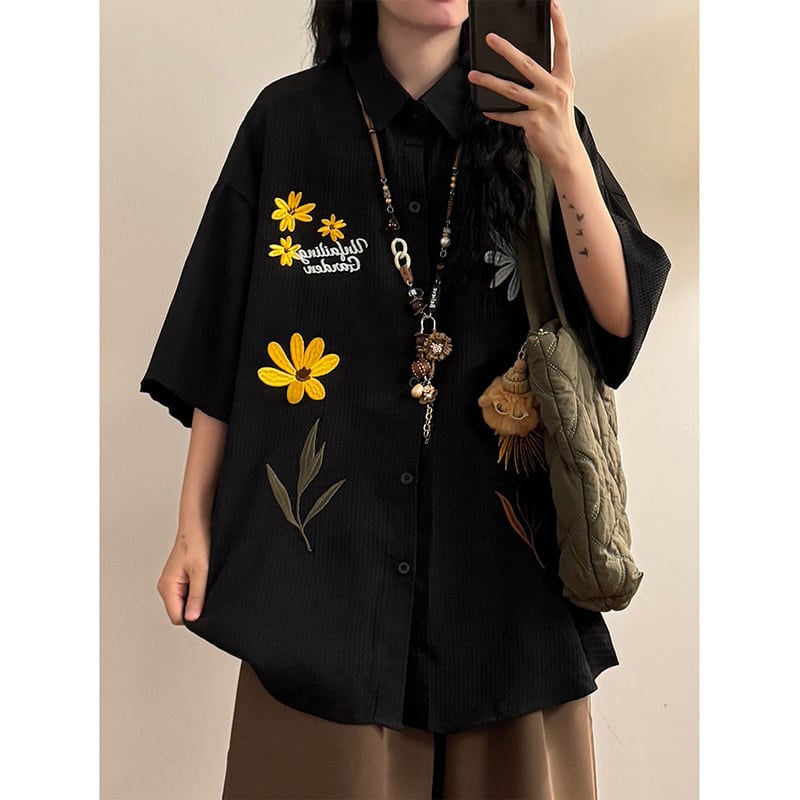 ❀花柄刺繍入りシャツ！【UATONLINEシリーズ】☆シャツ☆ 3color ユニ