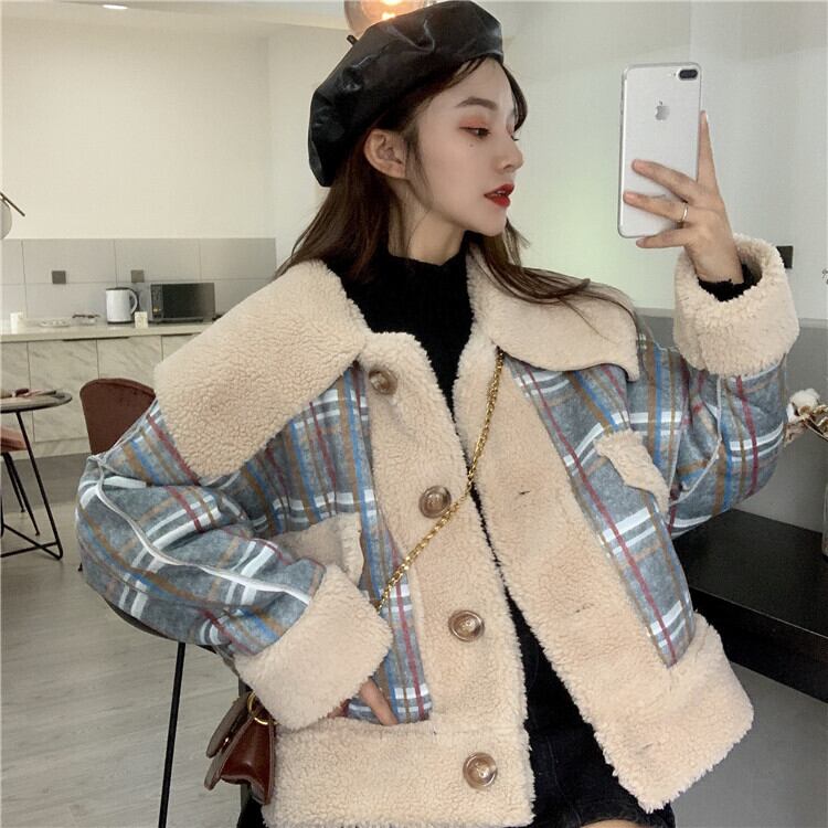 ボアブルゾン チェック柄 ブルー 韓国ファッション レディース