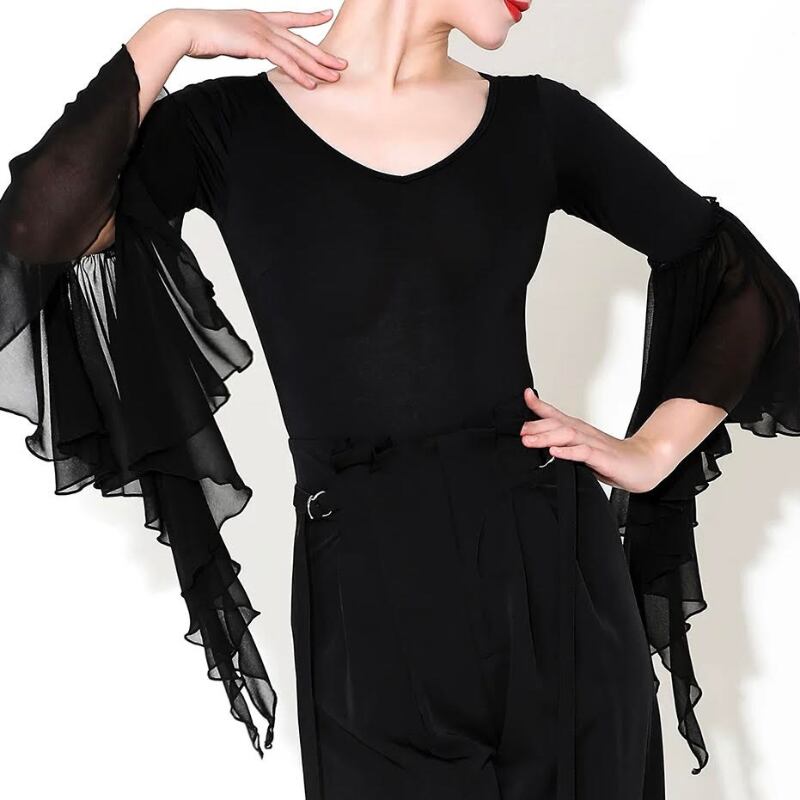 フレアスリーブ Vネック タイト レオタード トップス 2col D00581