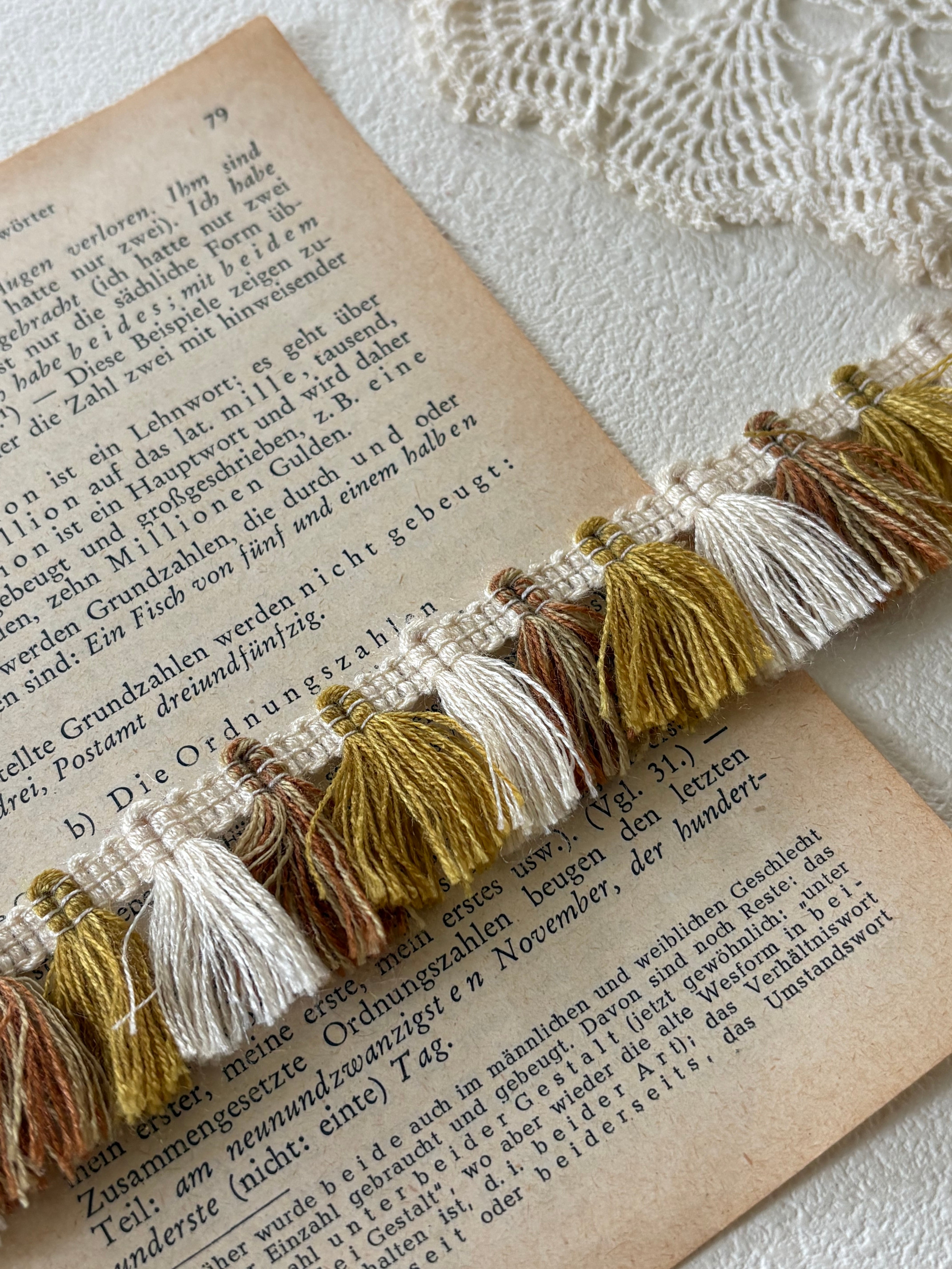 フランスVintage フリンジブレード 130cm デッドストック ブラウン×マスタードイエロー×エクリュ カルトナージュ デコレーション材 カットブレード