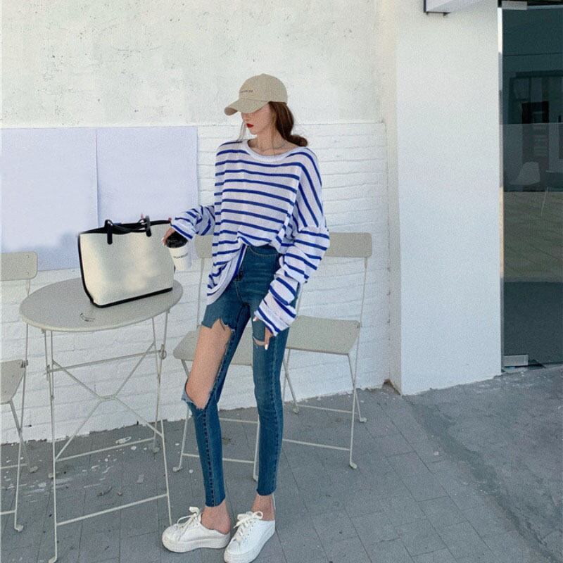 ルーズブルーストライプミドル丈長袖日焼け止めTシャツベースレディース2020年秋ニュースタイルトップインタイド ブラックストロベリース99012407830