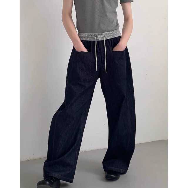 high-waisted drawstring denim wide pants mr0478