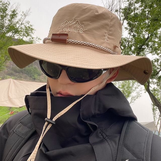 【予約販売】ハット メンズ ツバ広 帽子 あご紐 アウトドア キャンプ 屋外 日焼け防止 UV対策 紫外線 ブラック/ベージュ/コーヒー/カーキ/グレー 登山 釣り ストリート スポーティー こなれ感 お洒落 韓国 トレンド