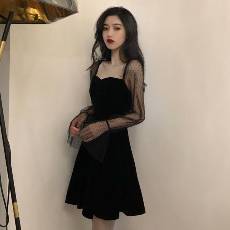 2020年夏の新しいメッシュステッチふくらんでいるスカートリトルブラックドレスレトロウエストスクエアネックドレスドレス女性トレンド YY-ファッション56803277484