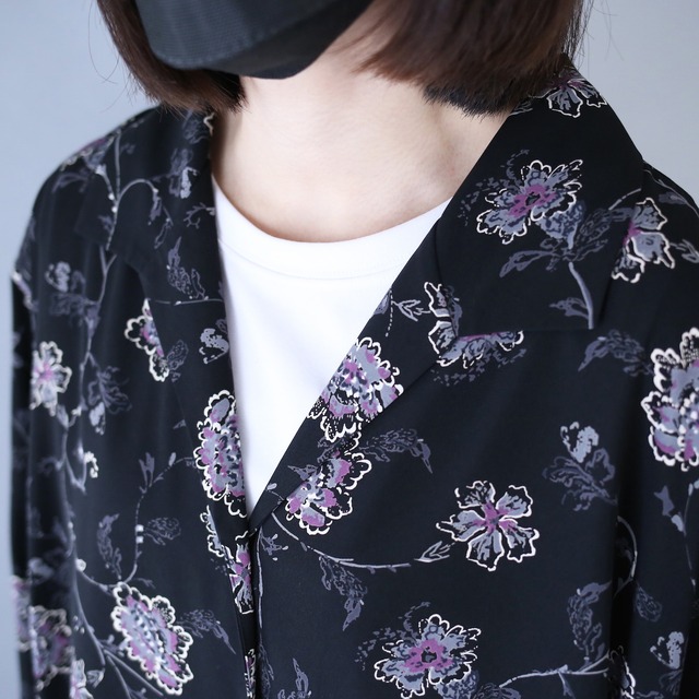 flower art pattern over wide silhouette open collar shirt