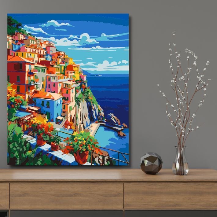 新作『崖の上のカラフルな家』アクリル絵の具で作る。数字で塗り絵