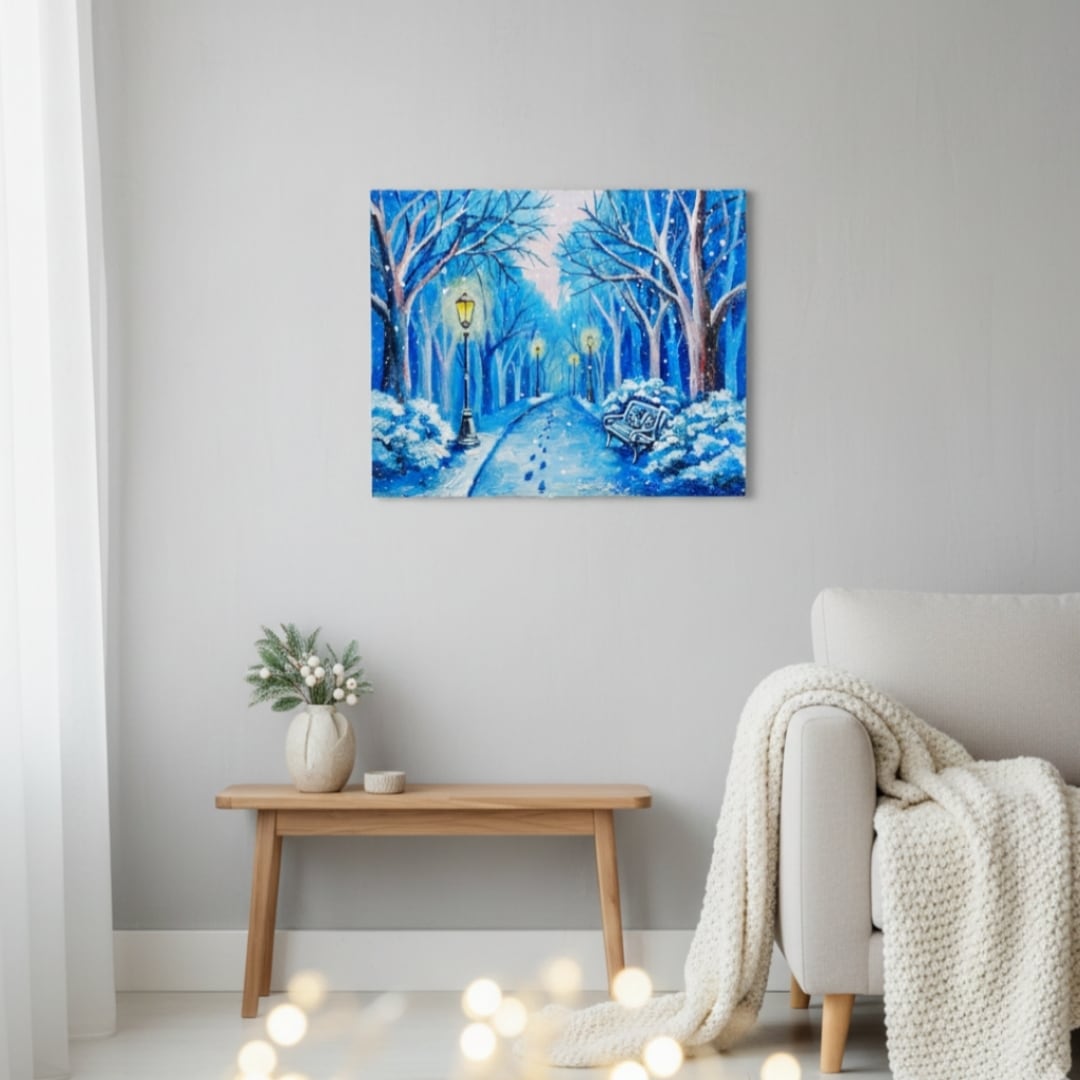 油絵 原画 雪景色 冬景色 幻想的 青 絵画 F3「雪降る幻想」 | HIROSHI1990