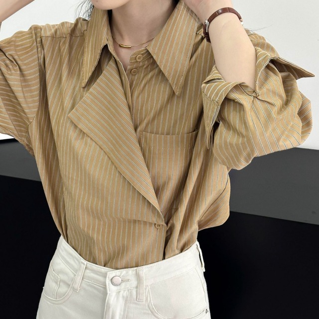 アシンメトリーストライプロングスリーブシャツ 2col 231722