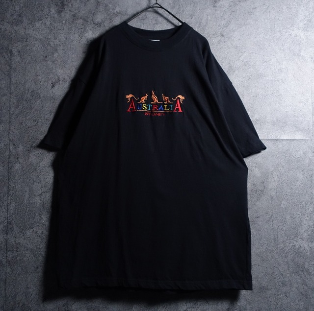 Black Kangaroo & Logo Embroidered Design T-Shirt