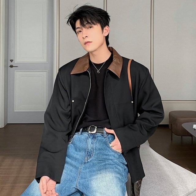 【予約販売】ジャケット メンズ アウター ブルゾン ブラック ベージュ バイカラー襟 レザー ショート丈 メンズ レトロ クラシカル お洒落 こなれ感 シック トレンド 秋 春 M/L/XL