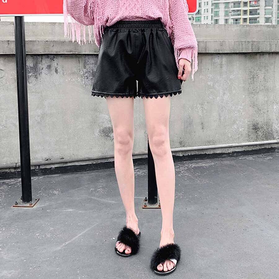  レース切替 ショートパンツ ブラック XS ショートパンツ レディース レース切り替え フェイクレザー ショート