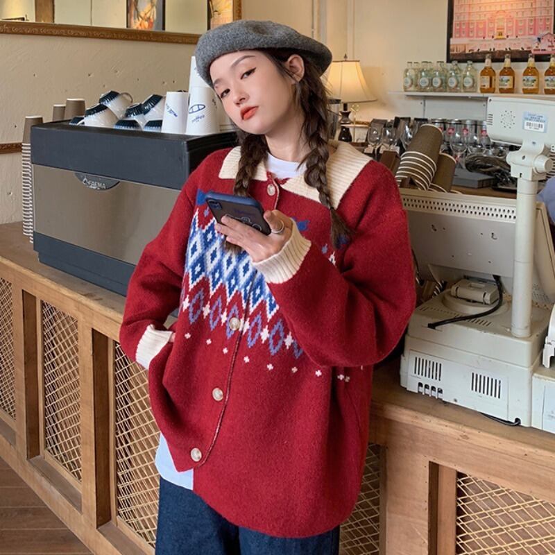 オータムウィンタースタイルスタンダードジャカードセーター ジャケット レディースニットカーディガントップス レトロ 秋物 冬物 YY-ファッション25673351119