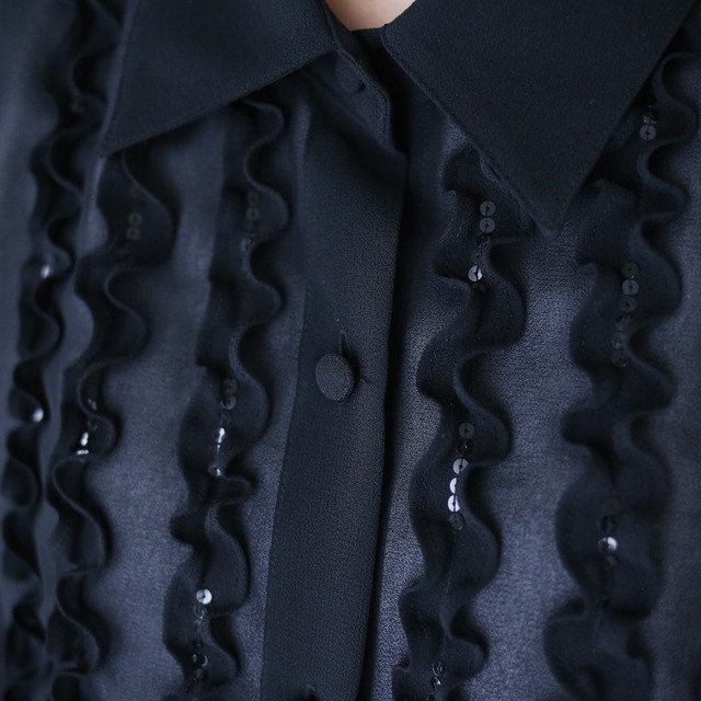 black one-tone sequin decoration design see-through ruffle shirt