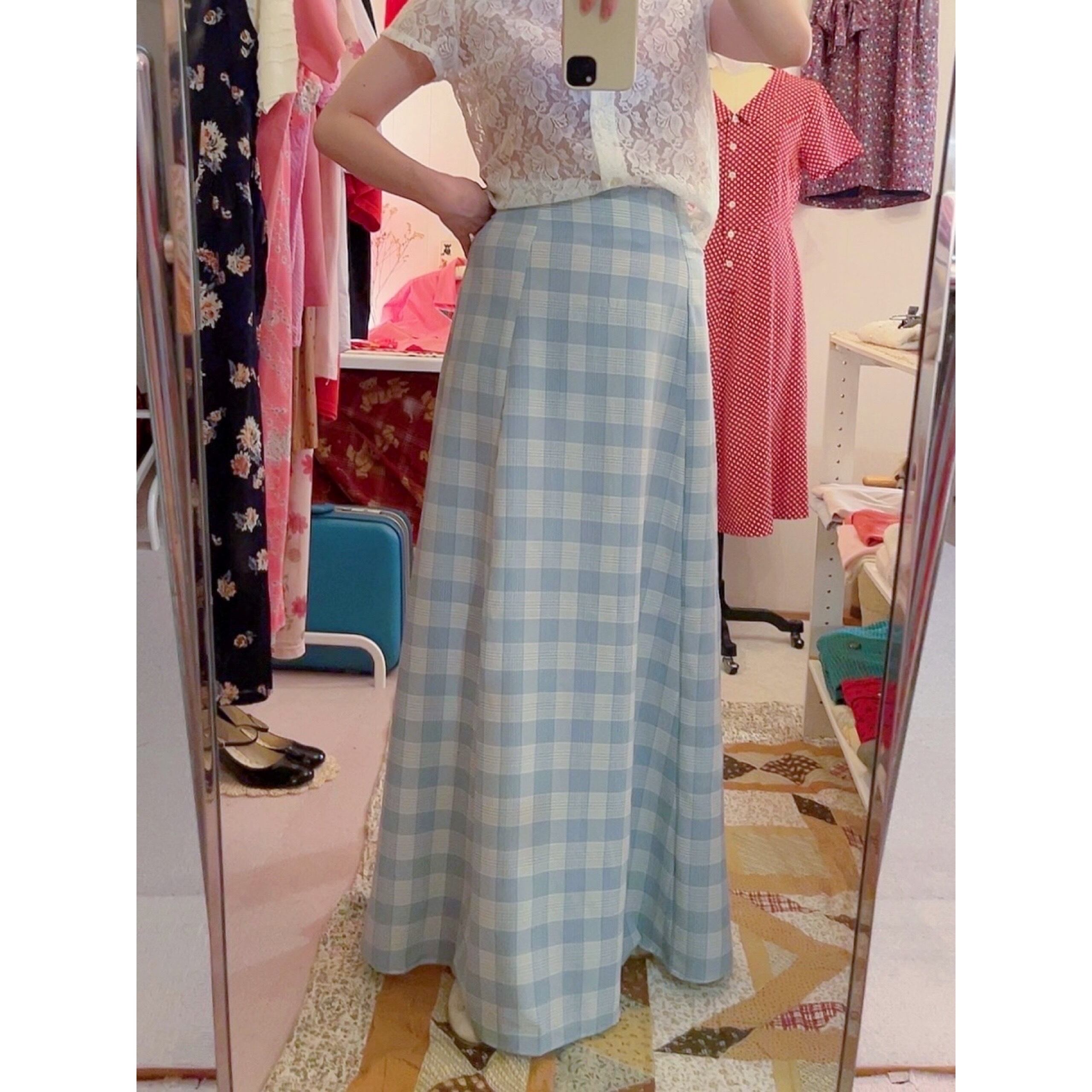 light blue block check skirt