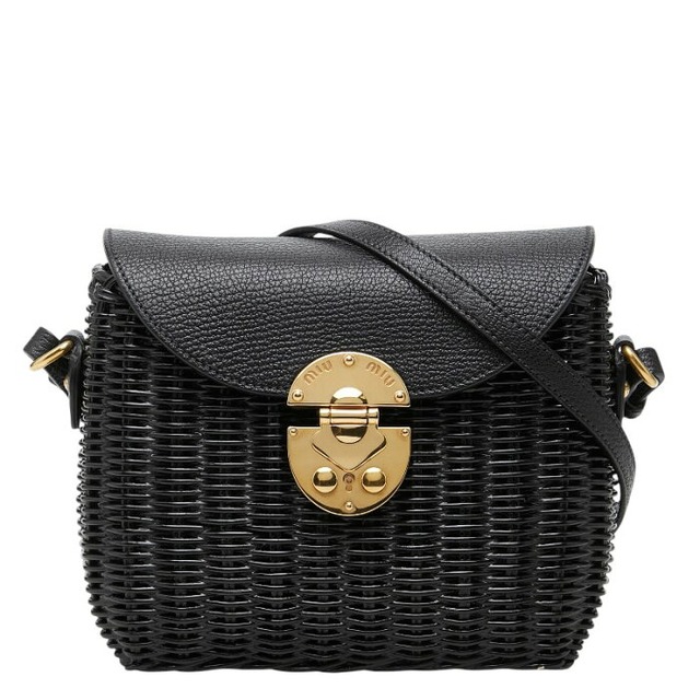 ミュウミュウ 斜め掛け ショルダーバッグ ブラック レザー ウィッカー レディース MIUMIU 【中古】