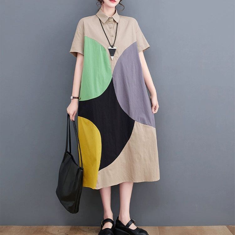 COLOR STITCH HALF SLEEVES A-LINE MIDI SHIRT DRESS 2colors M-13461