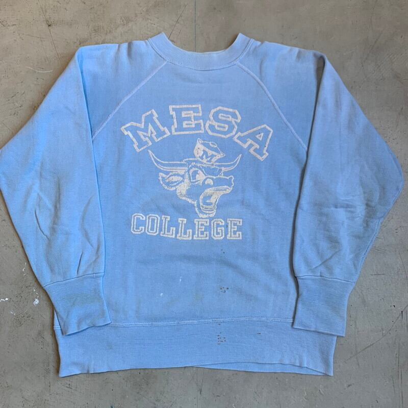 's UNKNOWN ラグランスウェットシャツ フロッキープリント MESA COLLEGE ライトブルー カレッジ サンディエゴ MEDIUM位  希少 ヴィンテージ BA RMH   agito vintage powered by BASE