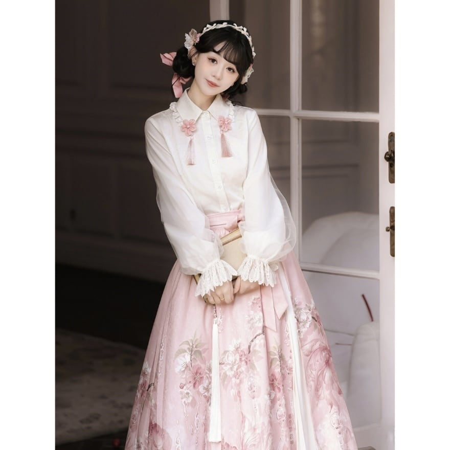中華ロリ｜桜雨 漢服風トップス・花柄スカート・ケープ3点セット