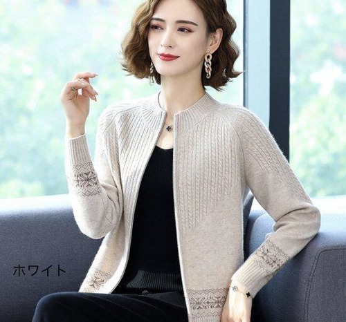 ジャケット ニット アウター セーター 大きいサイズ レディースファッション ノーカラー チャック ジッパー カーディガン 長袖 きれいめ 大人可愛い 韓国風 秋 春 あったか 細見えカジュアル