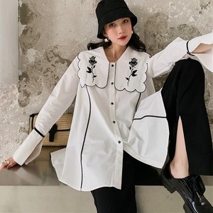 トップス レディース 送料無料 シャツ ブラウス リボン セーラーカラー バイカラートリム 刺繍 花柄 ビッグカラ— スカラップ ゆったり 楽ちん パフスリーブ バルーンスリーブ バブルスリーブ ボリューム袖 長袖 プルオーバー シンプル 大人可愛い 大人女子 上品 エレガント かわいい ふんわり 透け感 抜け感 こなれ感 お洒落 カジュアル ラフ おしゃれ きれいめ 涼し 10代 20代 30代 通学 学生 春服 夏服 普段使い 着回し デート おでかけ モテ