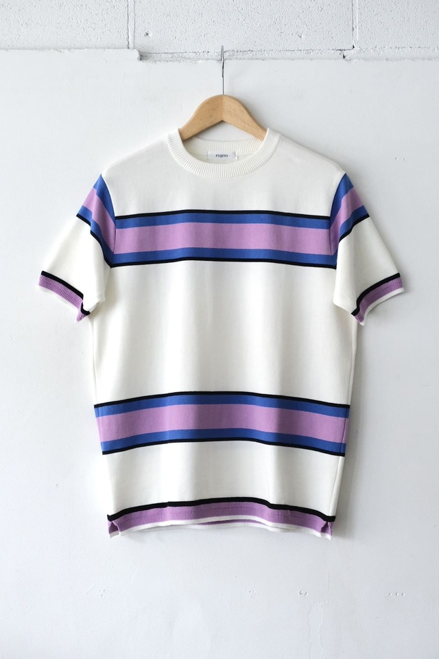 FUJITO Border Knit T-Shirt　White/Purple,Gray/Wine
