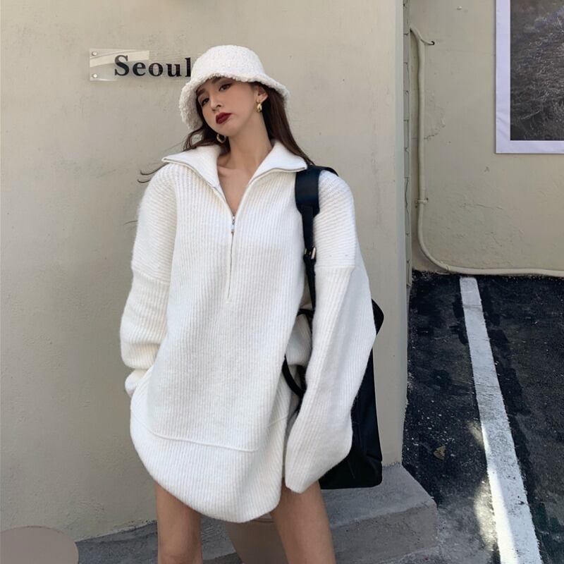 ルーズセーター レディースオータムウィンタージッパーカラートップス ストリート 秋物 冬物 ドラファッションホール5913770091