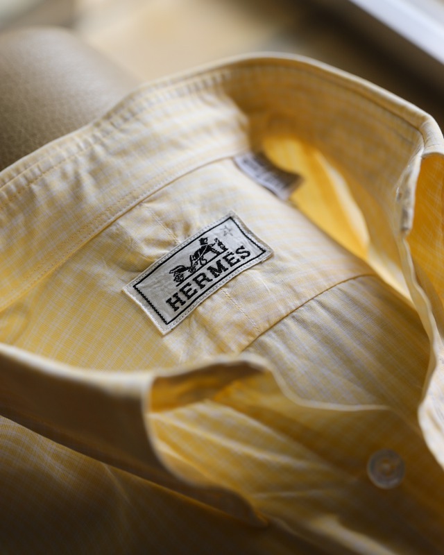 【定価15万】HERMES special B.D. Cotton shirt made in France yellow check mint condition ／ エルメス スペシャル コットン シャツ イエロー チェック フランス製 サイズ42 実寸L 長袖 エクストラコンディション