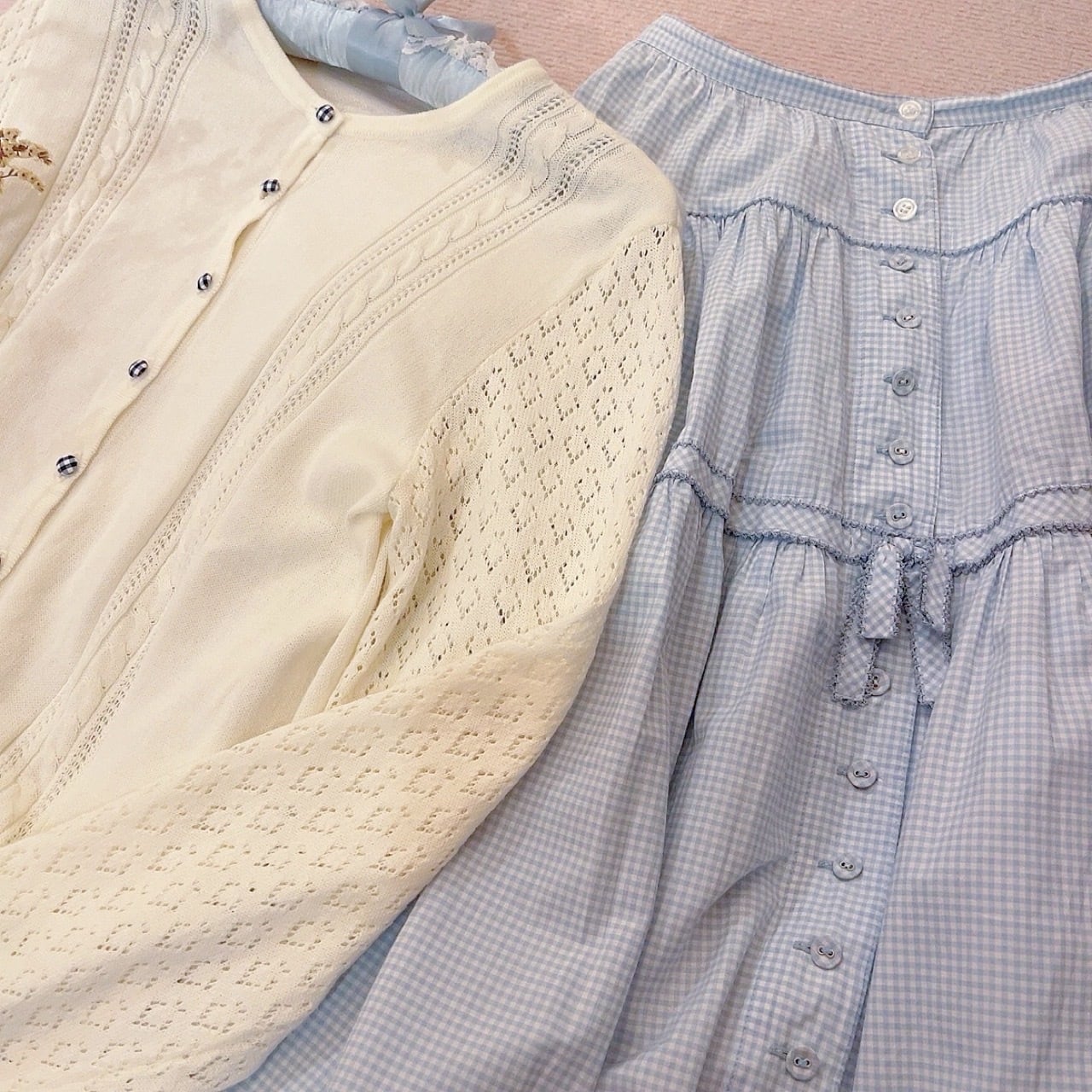 blue gingham check button cardigan