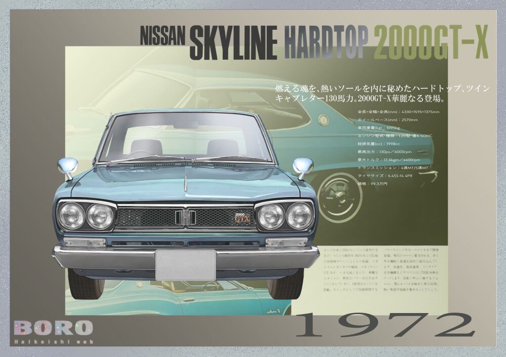 日産スカイライン2000GTグリーンメタリック 1972年イラスト | GT