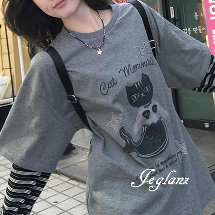 ボーダー スリーブ ねこ 長袖 シャツ ロンT ルーズ ユニセックス(MD208)β