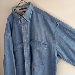トミーヒルフィガー　デニムBDシャツ　無地　刺繍ロゴ　ブルー　LT