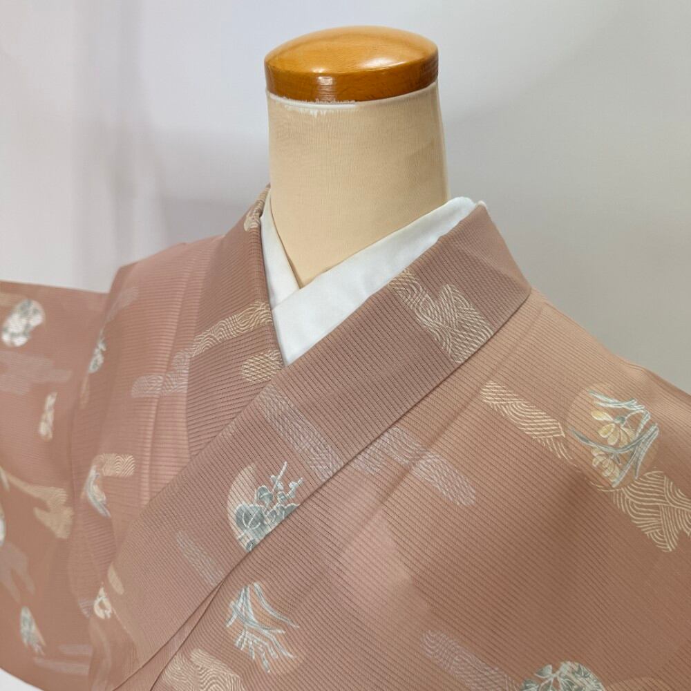 小紋 夏 絽 幅広 大きい 夏用 洗える着物 裄66.7cm 身丈169.5cm 花柄 お洒落着 普段着 ポリエステル ベージュ 美品 M サイズ 5917