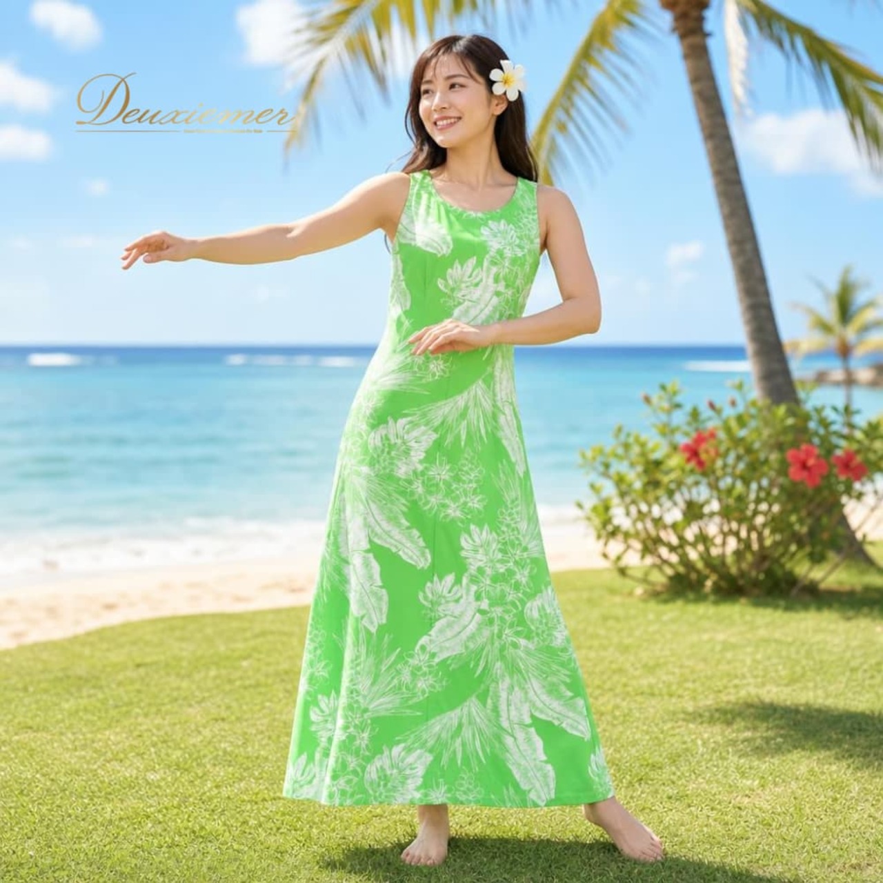 フラダンス 衣装 ALOHA STANDARDS アロハスタンダード ワンピース ドレス グリーン系 ホワイト系 日本製 ツートンカラー プルメリア柄 かわいい 華やか 鮮やか 明るい 黄緑 ハワイアン アロハ ハワイアンプリント フラ ダンス レッスン 練習