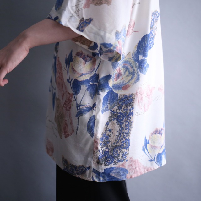 "pink×blue" beautiful color flower and reef pattern loose h/s shirt