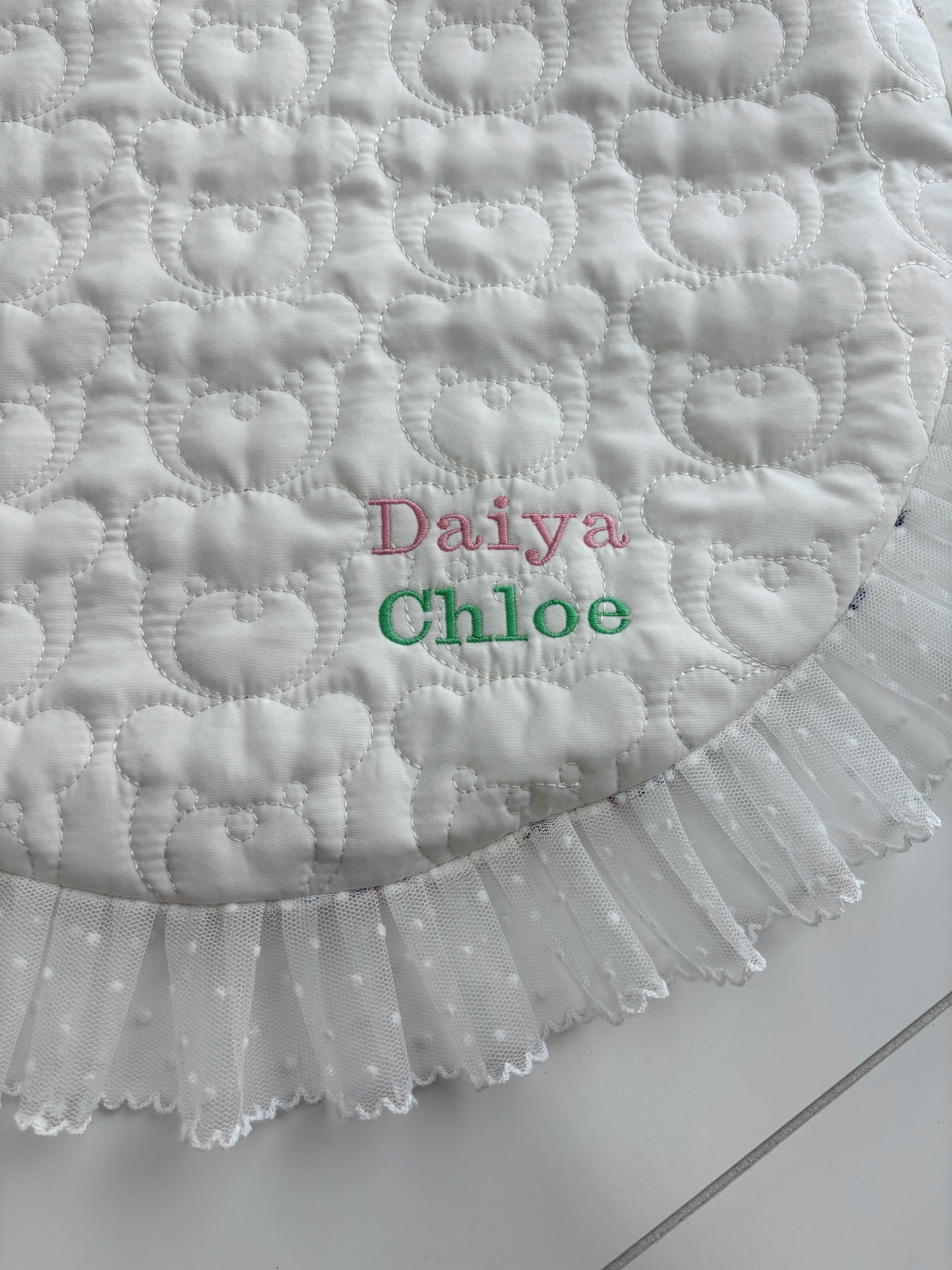 カフェマット♡ロングサイズ♡リバーシブル♡ハンドメイド♡ブルー＆ホワイト♡ お名前刺繍リバーシブルカフェマット | JuetraLis