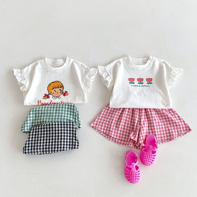 【BABY&KID】可愛いガールズＴシャツ、チェックパンツ